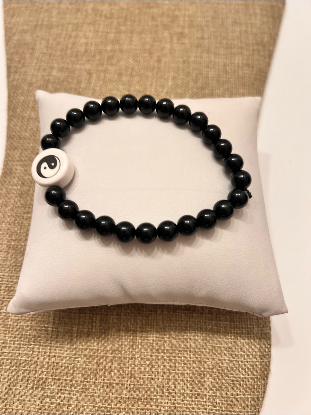 Black Onyx Beaded Stretch Bracelet with White Yin Yang Accent